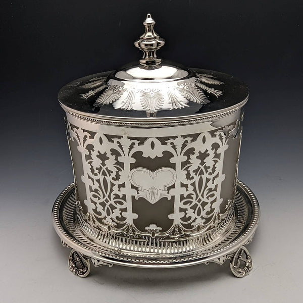 Late Victorian British Antique Silver Plated Biscuit Barrel with Glass Inner